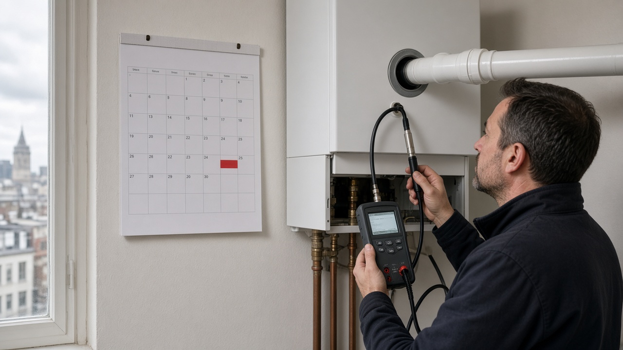 Engineer checking a domestic boiler with a flue gas analyser