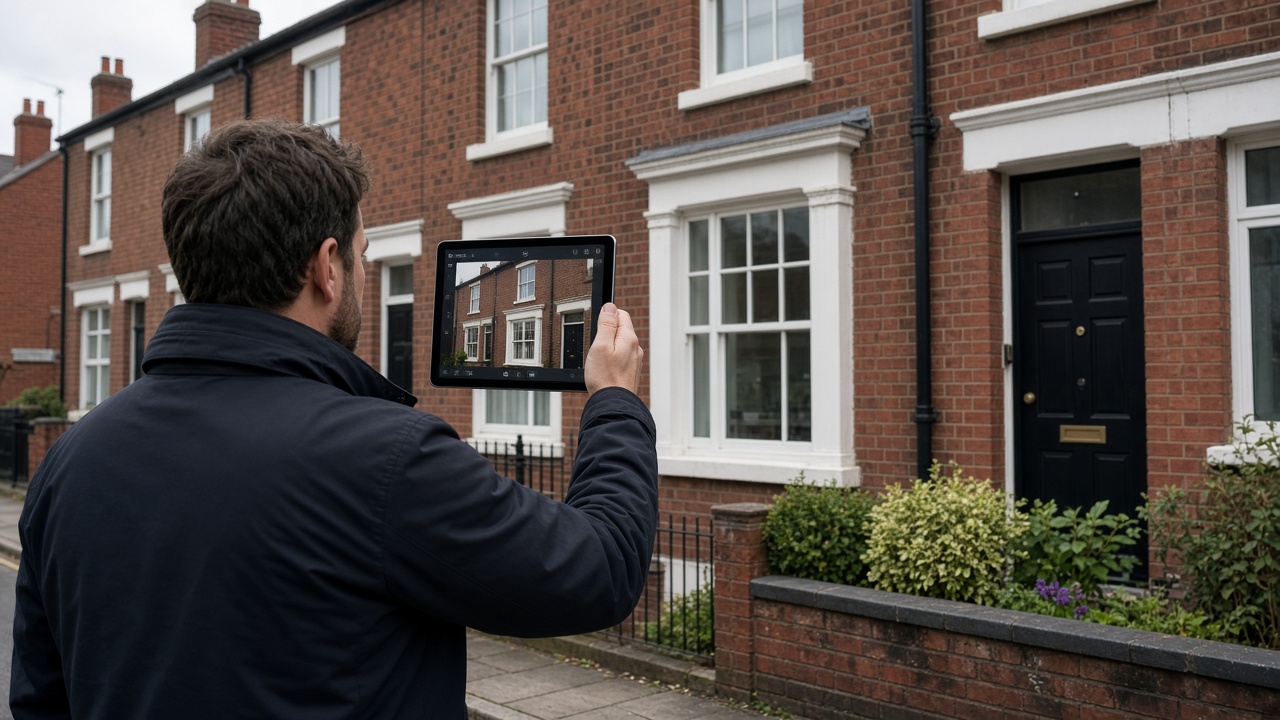 Energy assessor photographing a London house facade