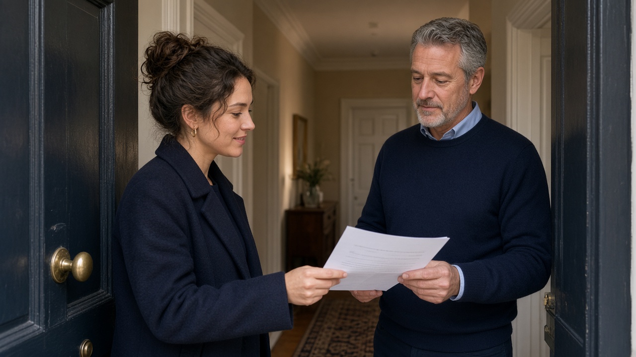 Tenant receiving a printed document at a London front door