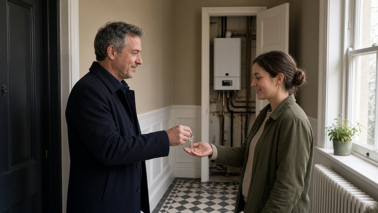 Landlord handing keys to a tenant in a London terrace hallway